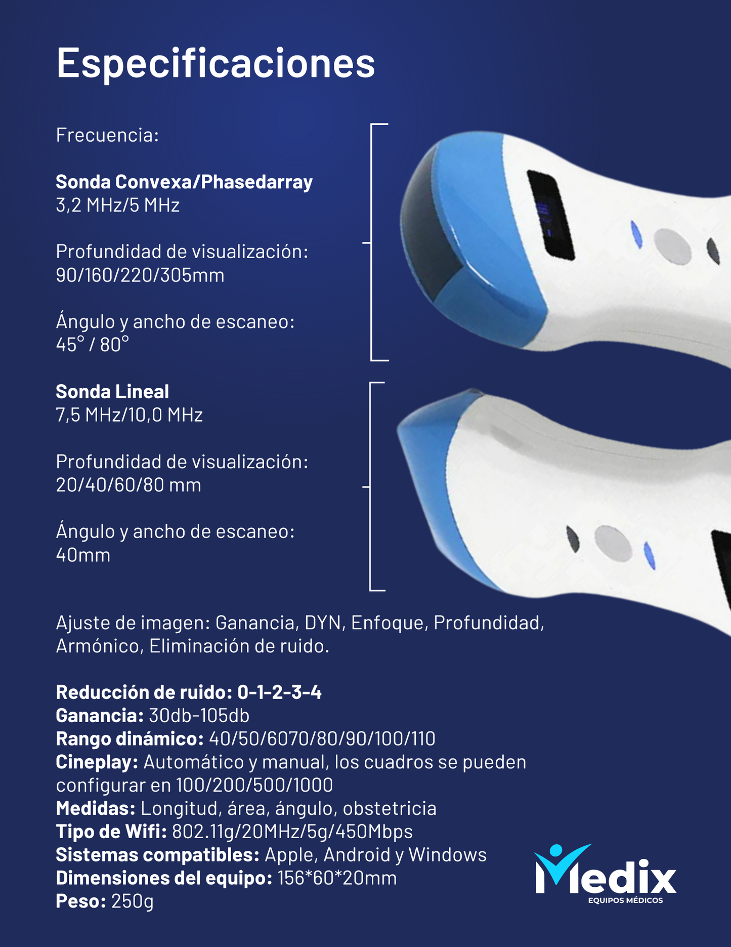 Ultrasonido Wireless Color Doppler Transductor Convexo y Lineal